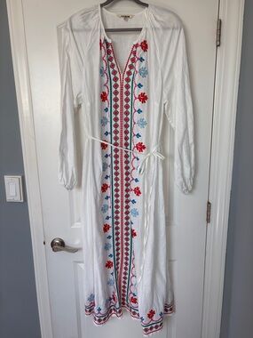 Gorgeous Embroidered Linen Midi Dress with Red & Blue Floral Trim